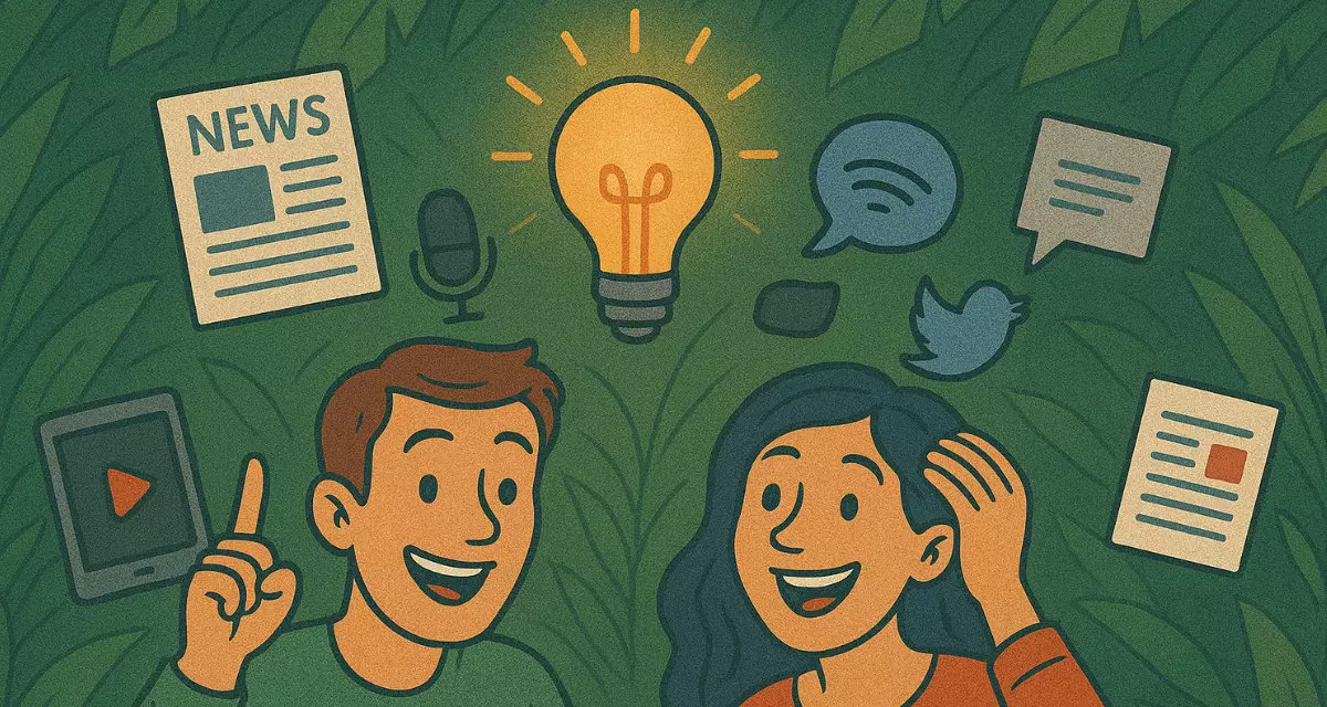 Zwei Personen sammeln Informationen aus verschiedenen Quellen wie Zeitungen und Social Media. Foto: LpB BW | KI-generiert | ChatGPT