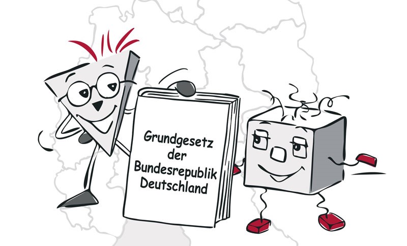 Grundrechtefibel / Quelle: Cover der Grundrechtefibel mit den Figuren Poli und Tik (Entwurf: Helga Ritter). Grafik: Tamara Dubinin Grundrechtefibel