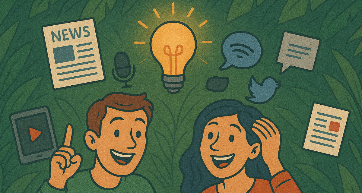 Mein_Feed_und_ich / Quelle: Zwei Personen sammeln Informationen aus verschiedenen Quellen wie Zeitungen und Social Media. Foto: LpB BW | KI-generiert | ChatGPT Mein_Feed_und_ich